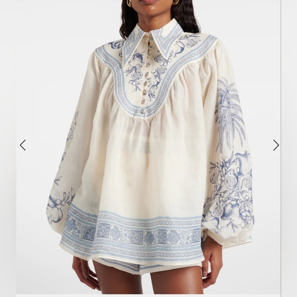 Alemais Cream and Light Blue Printed Peasant Blouse - Picture 1 of 8
